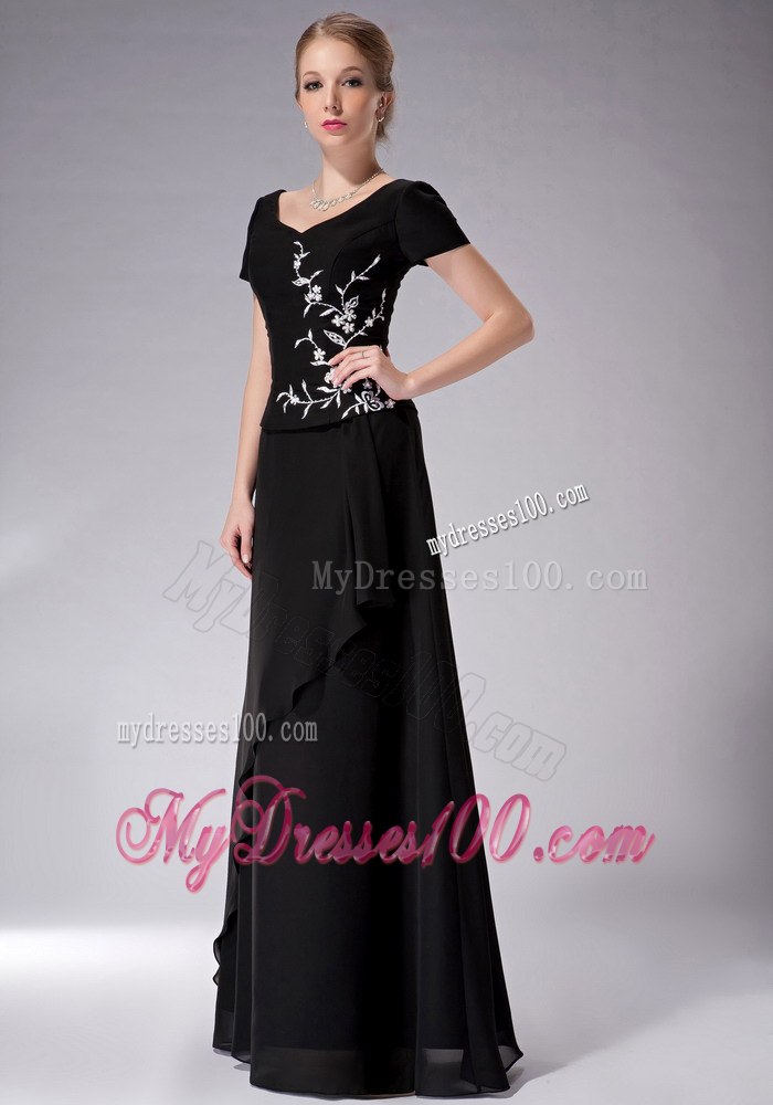 Scoop Black Chiffon Short Sleeves Silver Appliques Mothers Dress