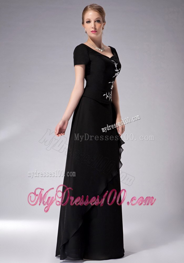 Scoop Black Chiffon Short Sleeves Silver Appliques Mothers Dress