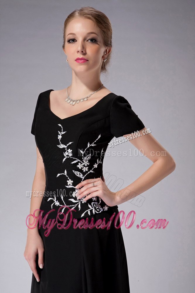 Scoop Black Chiffon Short Sleeves Silver Appliques Mothers Dress