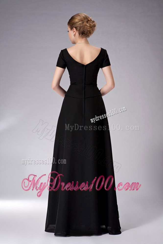 Scoop Black Chiffon Short Sleeves Silver Appliques Mothers Dress