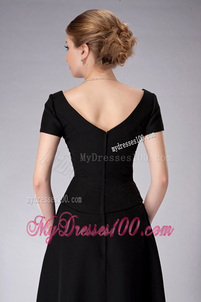 Scoop Black Chiffon Short Sleeves Silver Appliques Mothers Dress