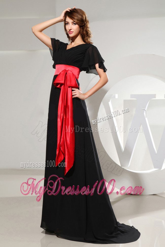 Butterfly Sleeves Black Mother of Bride Dress with Red Sash and Bow