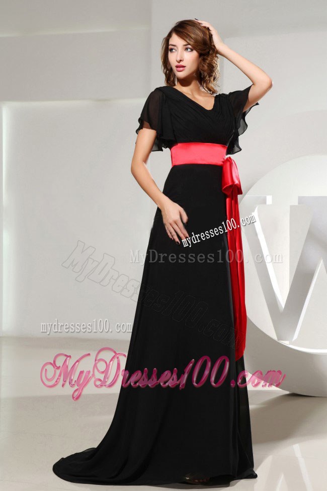 Butterfly Sleeves Black Mother of Bride Dress with Red Sash and Bow