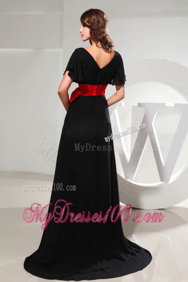 Butterfly Sleeves Black Mother of Bride Dress with Red Sash and Bow