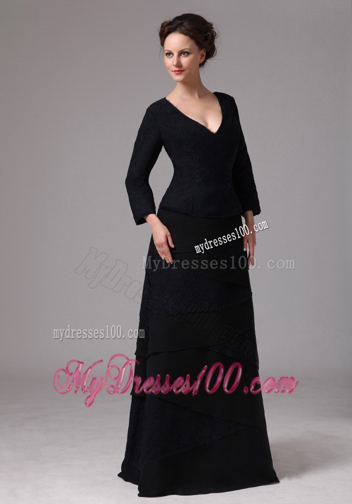 Black V-neck 3 4 Length Sleeves Layered Mothers Dress For Weddings