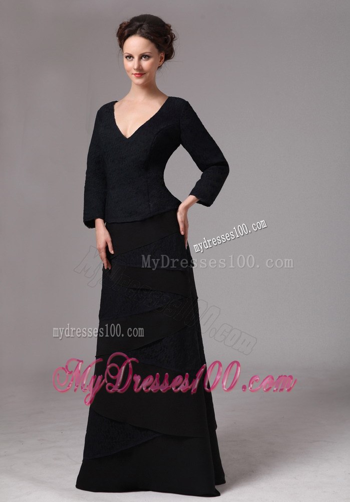 Black V-neck 3 4 Length Sleeves Layered Mothers Dress For Weddings