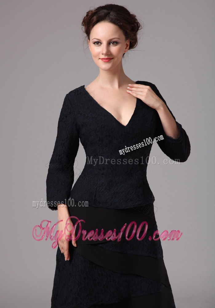Black V-neck 3 4 Length Sleeves Layered Mothers Dress For Weddings