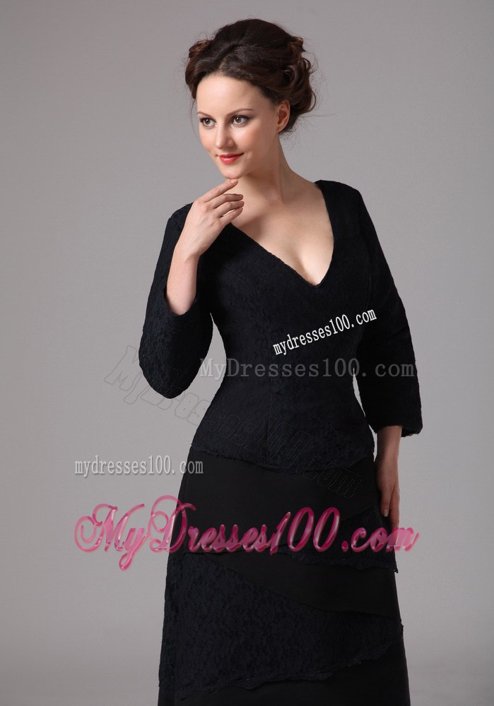 Black V-neck 3 4 Length Sleeves Layered Mothers Dress For Weddings