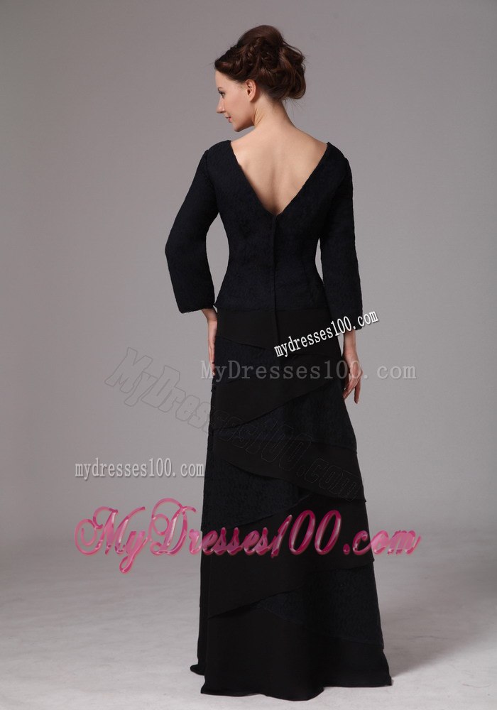 Black V-neck 3 4 Length Sleeves Layered Mothers Dress For Weddings
