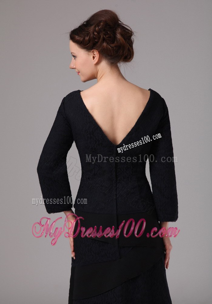 Black V-neck 3 4 Length Sleeves Layered Mothers Dress For Weddings