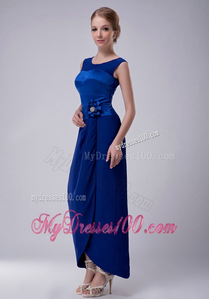 Ankle-length Scoop Royal Blue Mothers Dress with Handle Flowers