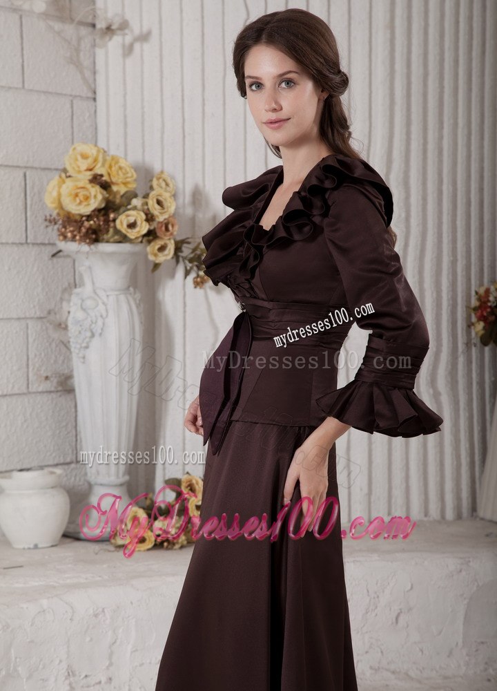 Flounced 3 4 Sleeves and V-neck Neckline Mother Bride Dress with Sash