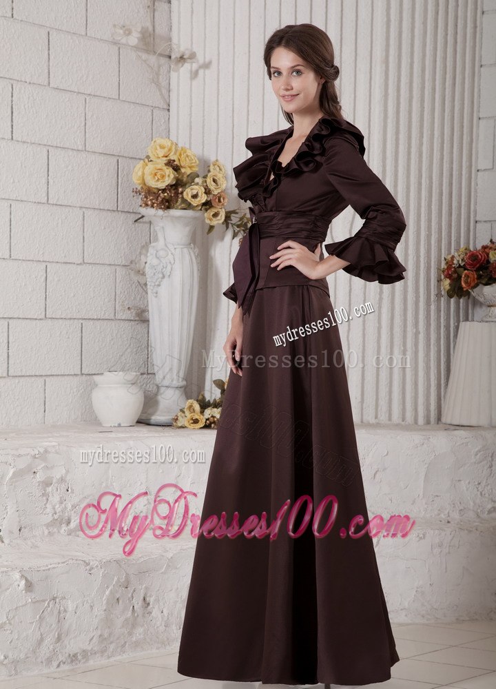 Flounced 3 4 Sleeves and V-neck Neckline Mother Bride Dress with Sash