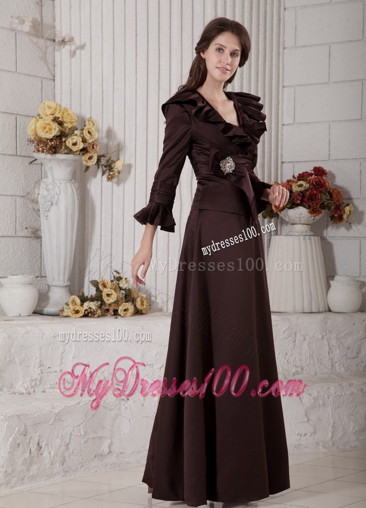 Flounced 3 4 Sleeves and V-neck Neckline Mother Bride Dress with Sash