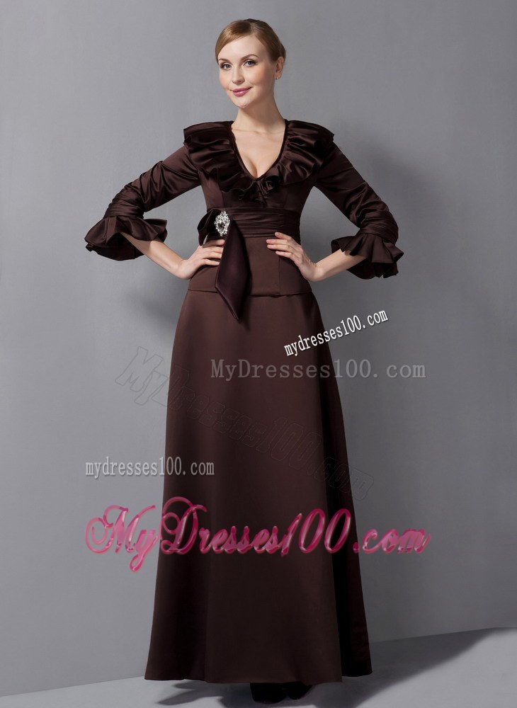 Brown Flounce Sleeves and Neckline Mothers Dresses with Brooch