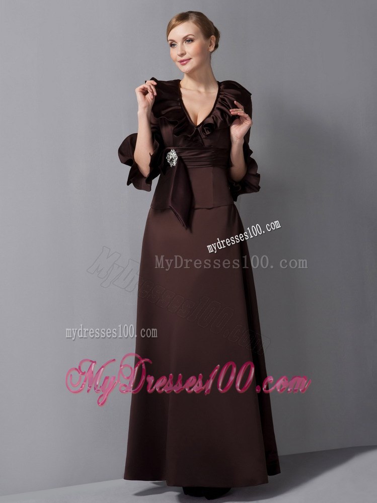 Brown Flounce Sleeves and Neckline Mothers Dresses with Brooch