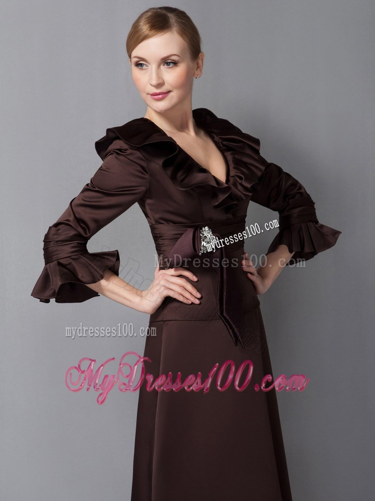 Brown Flounce Sleeves and Neckline Mothers Dresses with Brooch