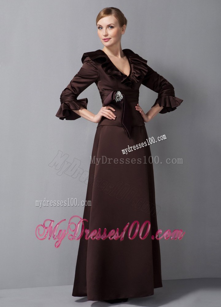 Brown Flounce Sleeves and Neckline Mothers Dresses with Brooch