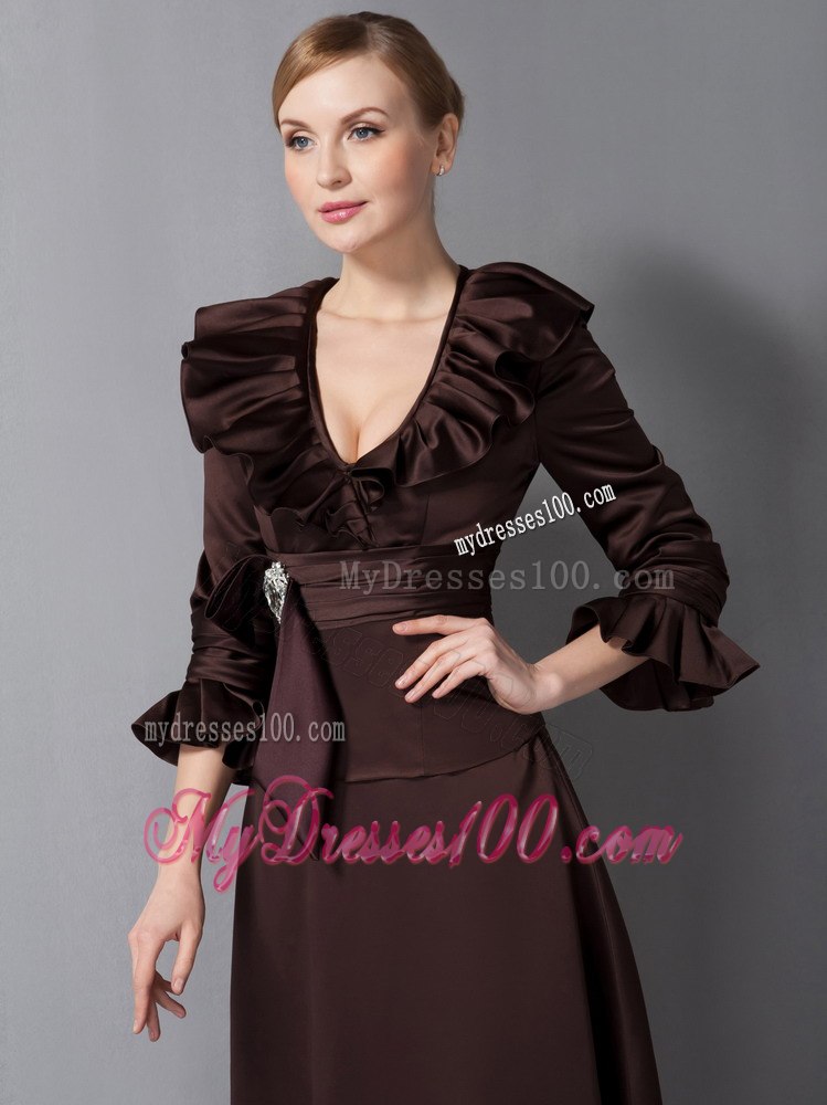 Brown Flounce Sleeves and Neckline Mothers Dresses with Brooch