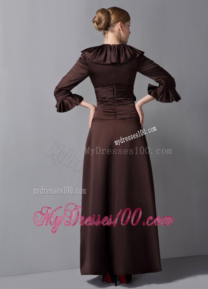 Brown Flounce Sleeves and Neckline Mothers Dresses with Brooch