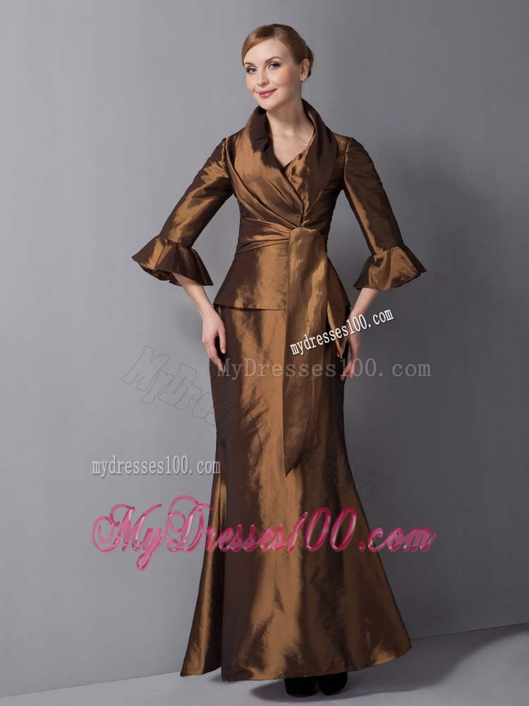 V-neck Ankle-length Mother Of Bride Dress with Flounce Sleeves Jacket