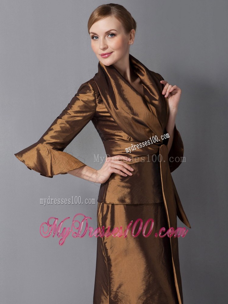 V-neck Ankle-length Mother Of Bride Dress with Flounce Sleeves Jacket