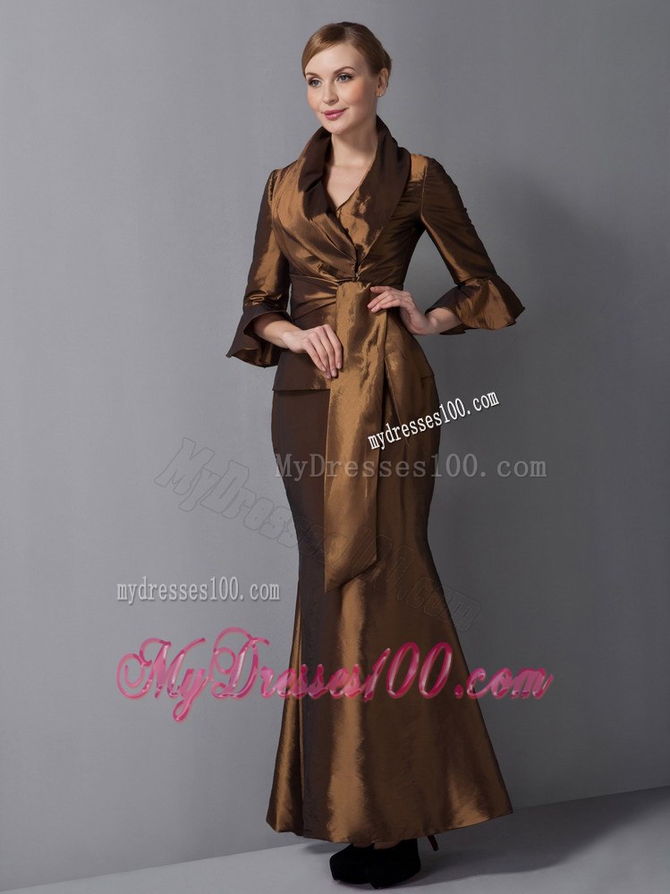 V-neck Ankle-length Mother Of Bride Dress with Flounce Sleeves Jacket