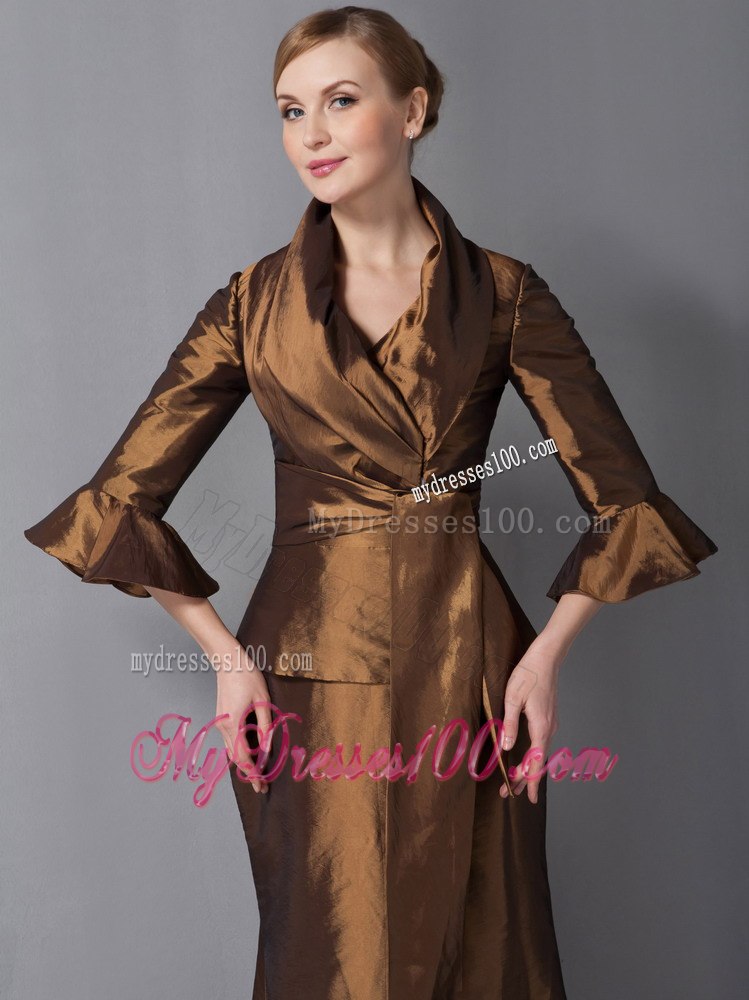 V-neck Ankle-length Mother Of Bride Dress with Flounce Sleeves Jacket