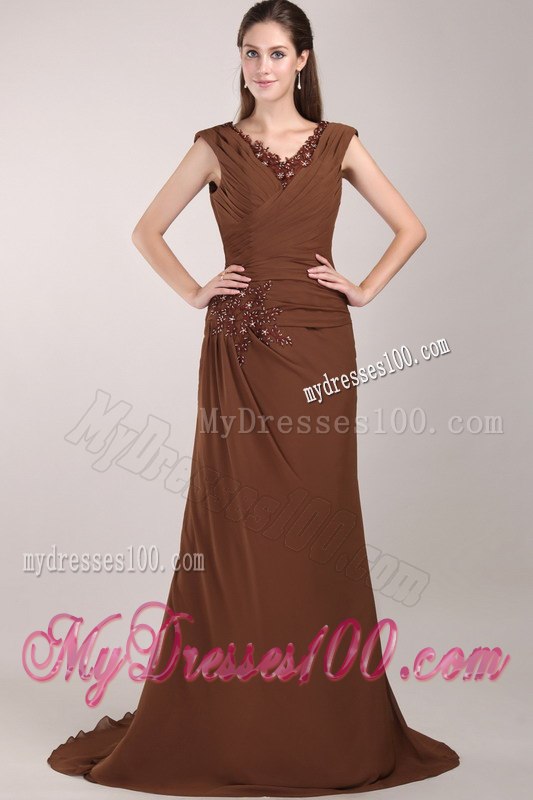 Applique Decorate V-neck Chocolate Cap Sleeves Mothers Dresses