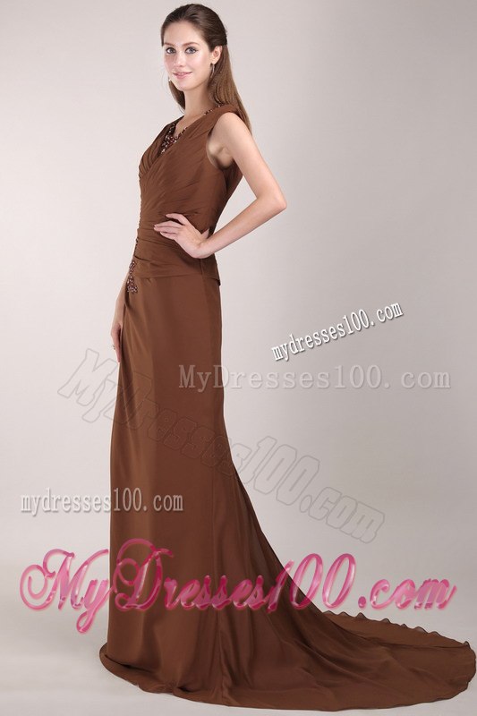Applique Decorate V-neck Chocolate Cap Sleeves Mothers Dresses