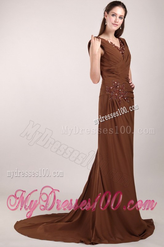 Applique Decorate V-neck Chocolate Cap Sleeves Mothers Dresses