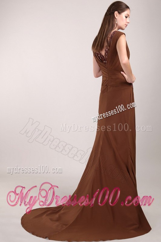 Applique Decorate V-neck Chocolate Cap Sleeves Mothers Dresses