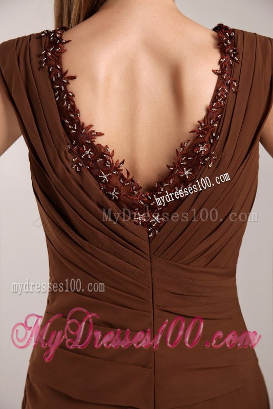 Applique Decorate V-neck Chocolate Cap Sleeves Mothers Dresses