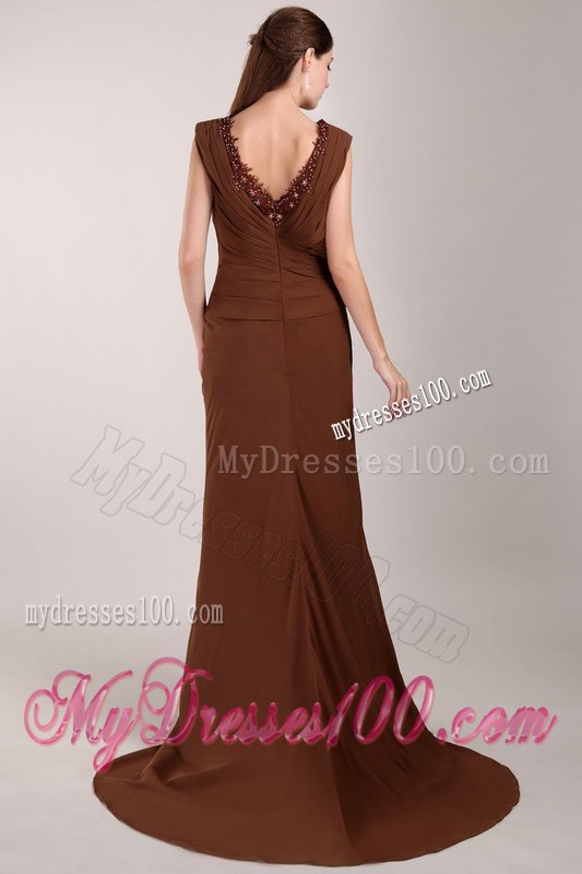 Applique Decorate V-neck Chocolate Cap Sleeves Mothers Dresses