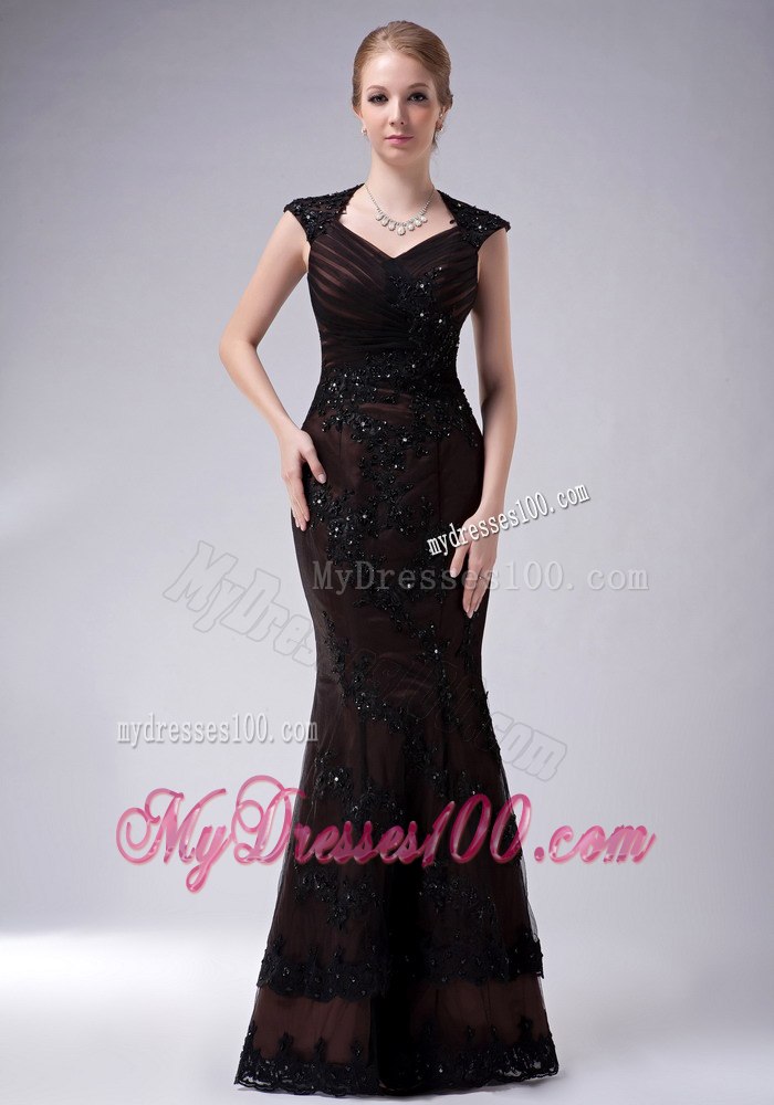 Mermaid Cap Sleeves V-neck Mother Of The Bride Dress with Lace