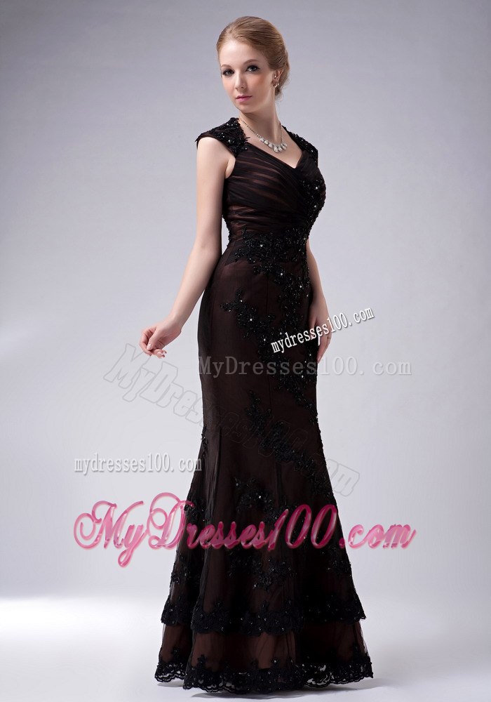 Mermaid Cap Sleeves V-neck Mother Of The Bride Dress with Lace