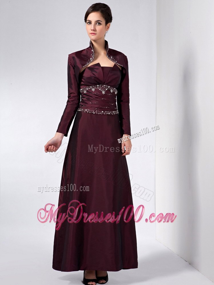 Burgundy Column Strapless Ankle-length Mother Of The Bride Dress