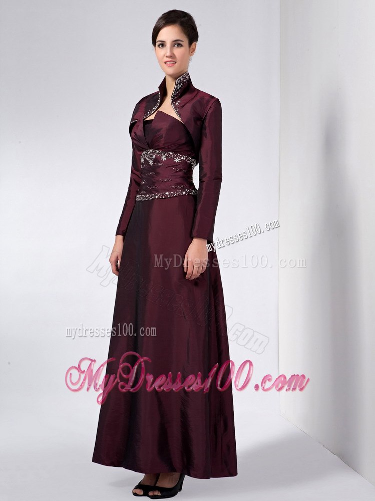 Burgundy Column Strapless Ankle-length Mother Of The Bride Dress