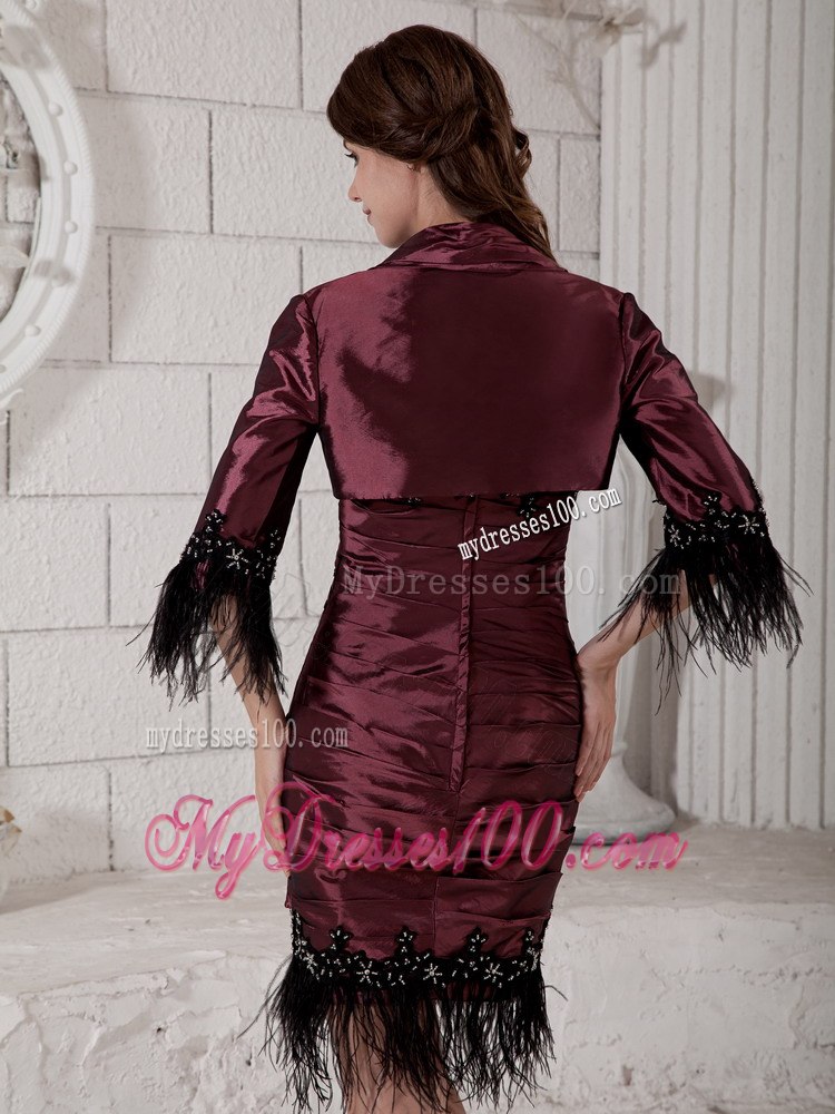 Ruched Column Short Mother Of Bride Dress with Ostrich Feathers