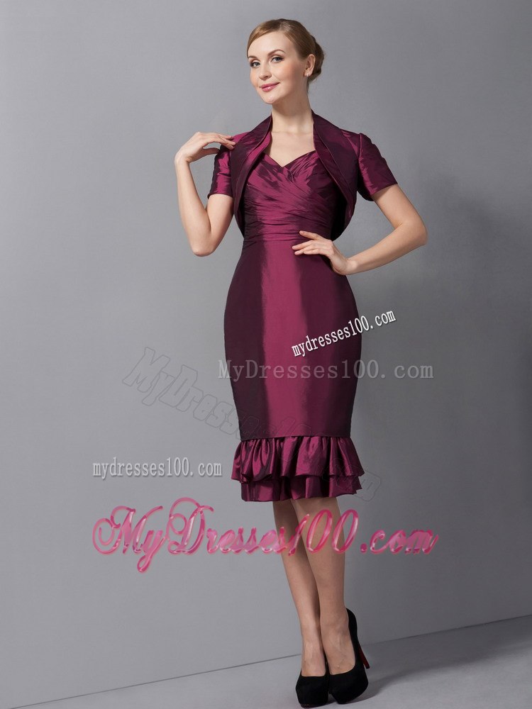 Burgundy Column Knee-length with Ruffled Hem Mothers Dress on Sale