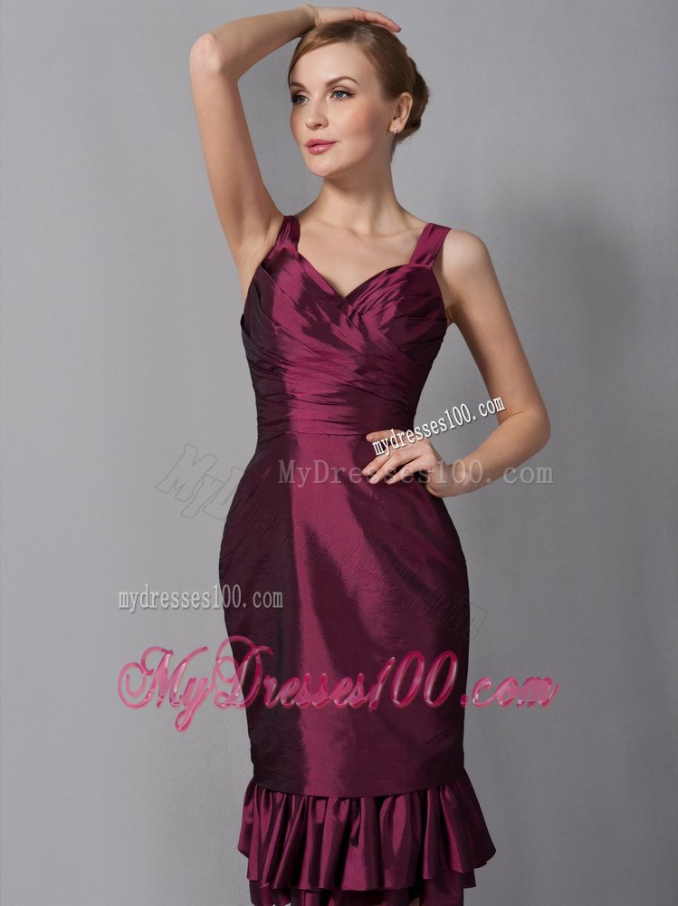 Burgundy Column Knee-length with Ruffled Hem Mothers Dress on Sale