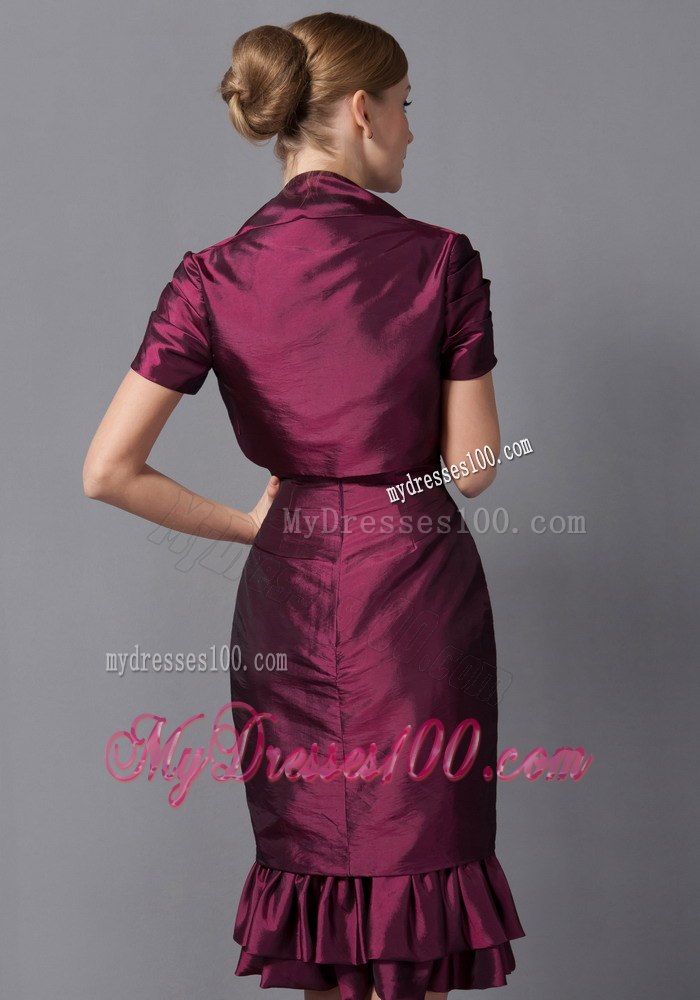 Burgundy Column Knee-length with Ruffled Hem Mothers Dress on Sale