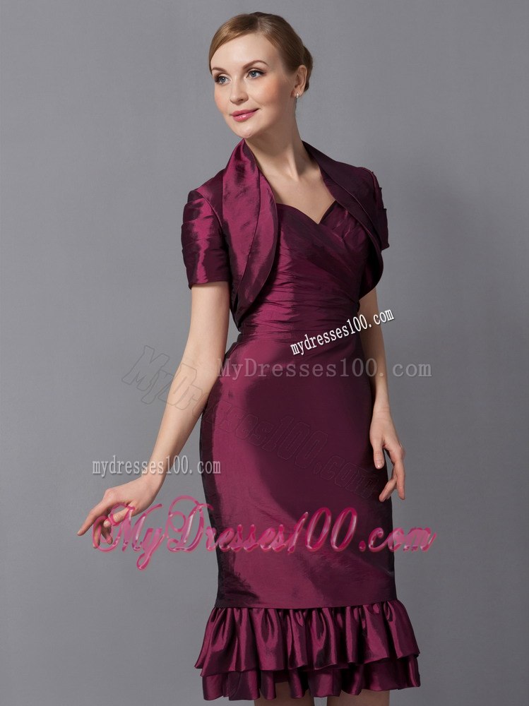 Burgundy Column Knee-length with Ruffled Hem Mothers Dress on Sale