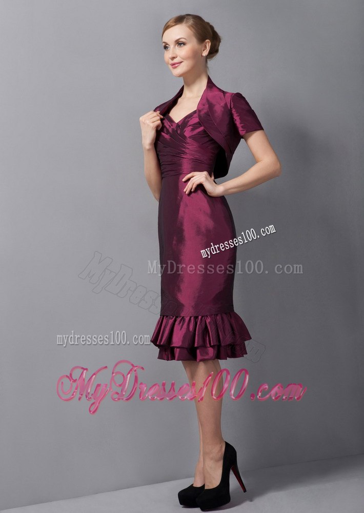 Burgundy Column Knee-length with Ruffled Hem Mothers Dress on Sale
