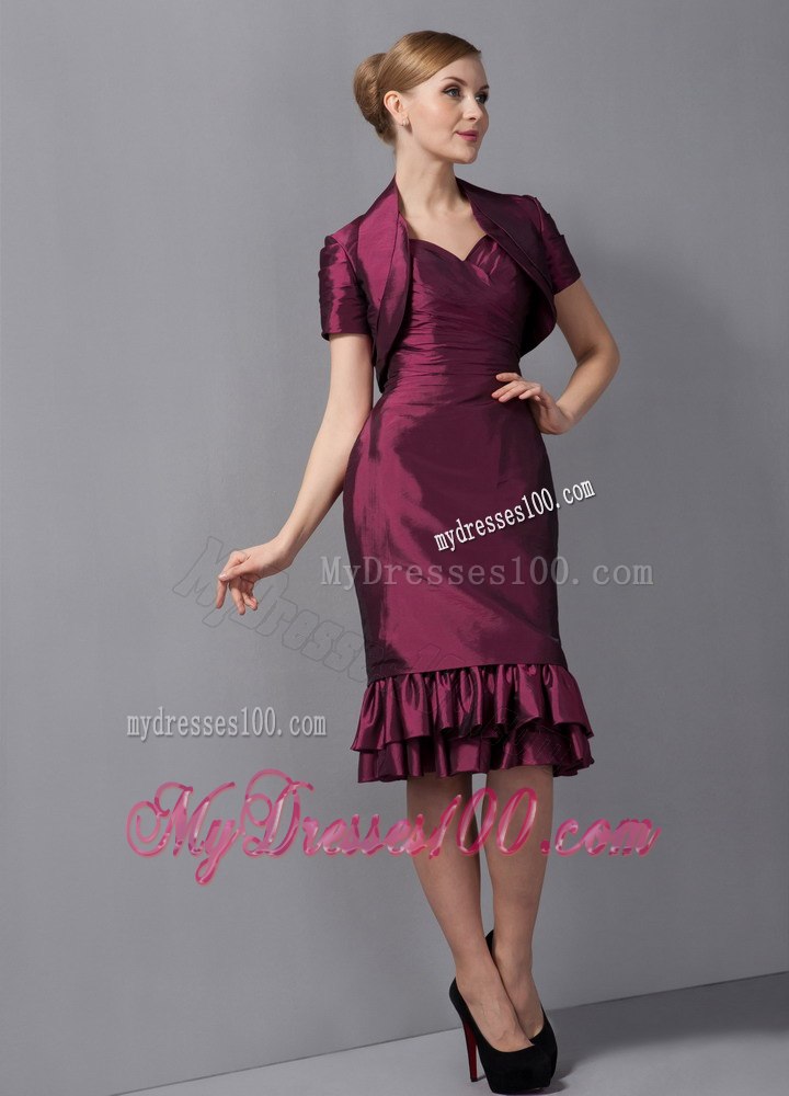 Burgundy Column Knee-length with Ruffled Hem Mothers Dress on Sale