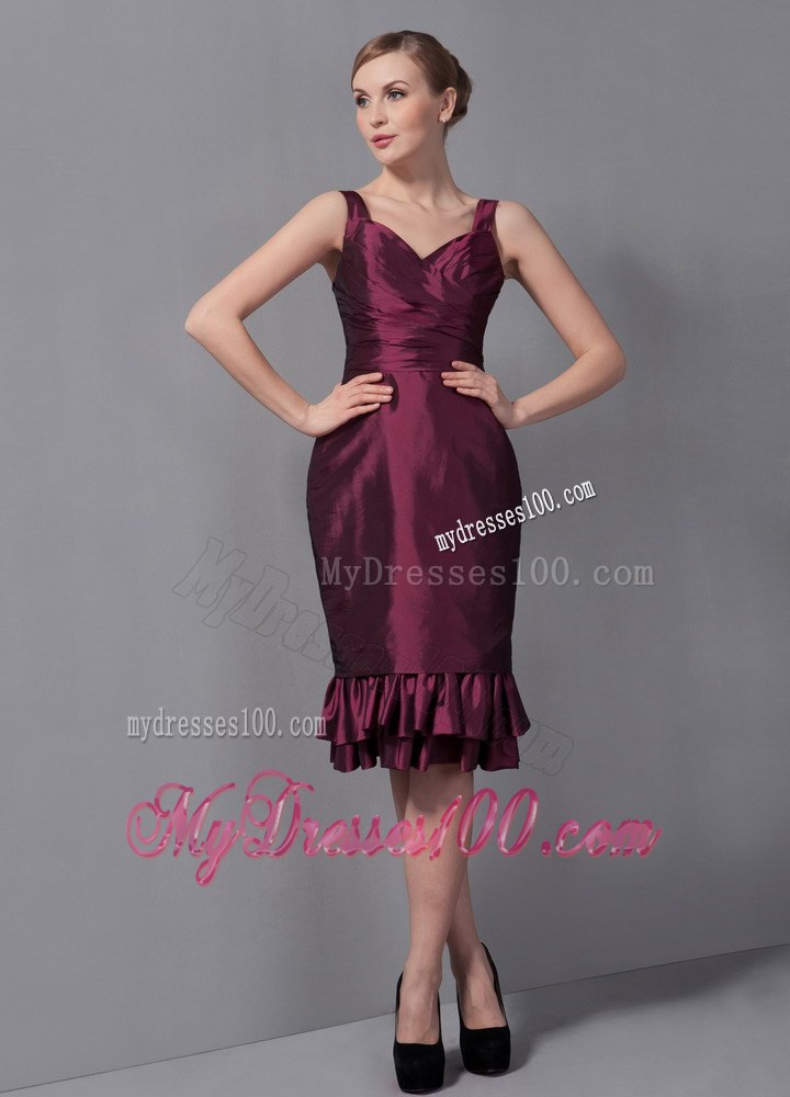 Burgundy Column Knee-length with Ruffled Hem Mothers Dress on Sale