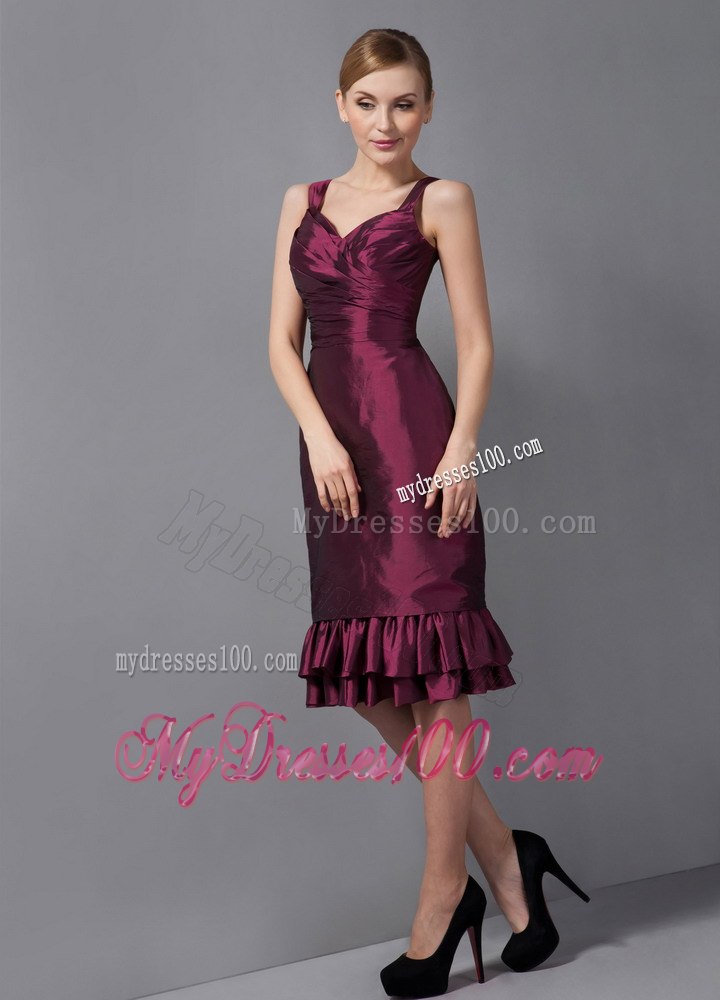 Burgundy Column Knee-length with Ruffled Hem Mothers Dress on Sale