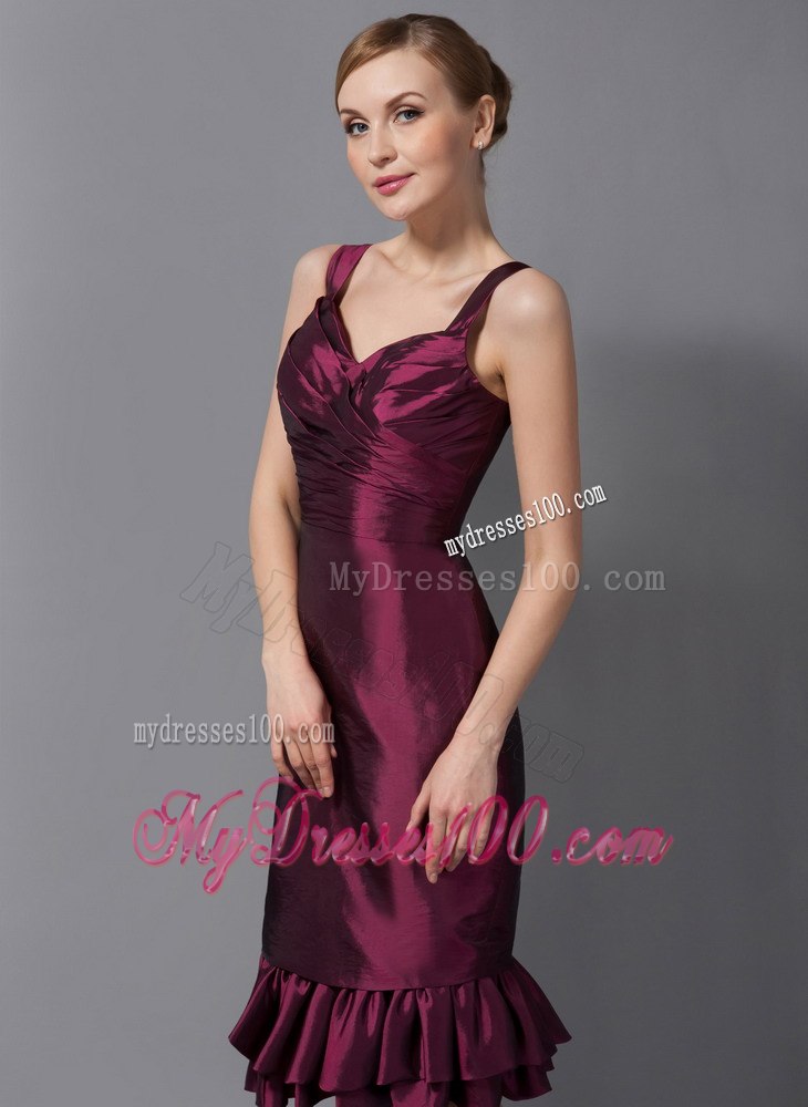 Burgundy Column Knee-length with Ruffled Hem Mothers Dress on Sale