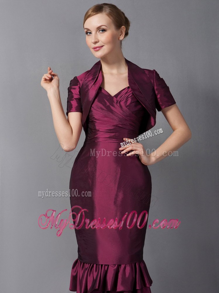 Burgundy Column Knee-length with Ruffled Hem Mothers Dress on Sale
