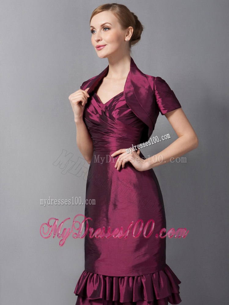 Burgundy Column Knee-length with Ruffled Hem Mothers Dress on Sale